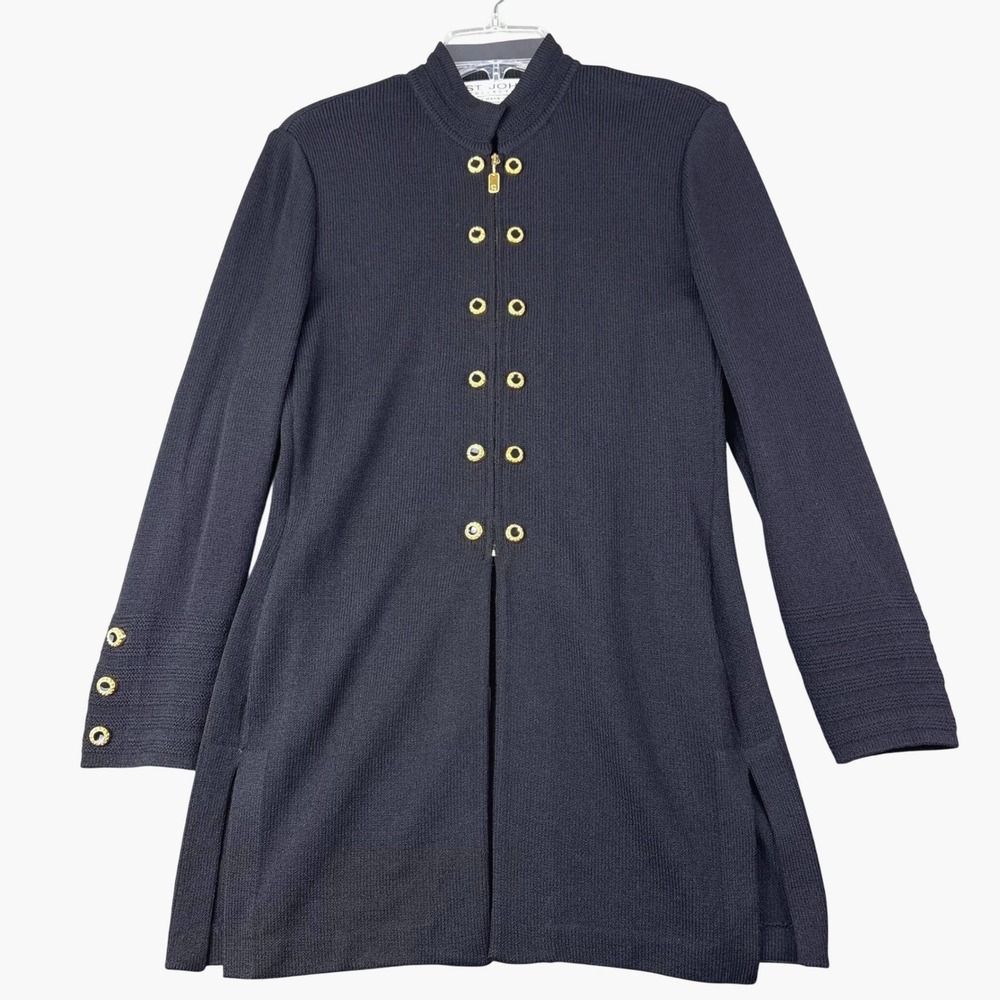 VTG St John Collection Marie Gray 4 Black Santana Knit Military Cardigan Jacket